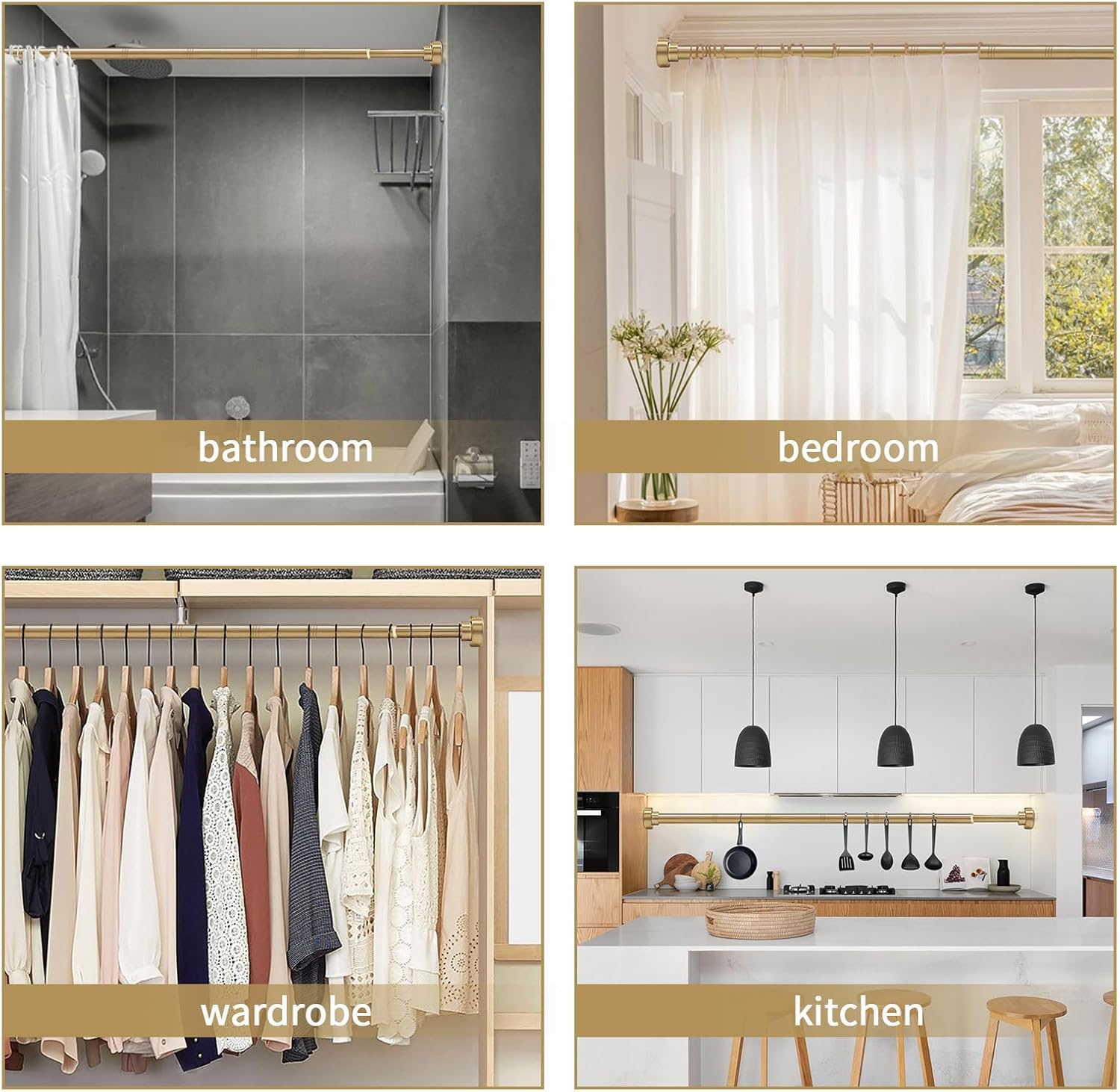 YNL Shower Curtain Rod 34-82 Inches (2.8-6.8ft) Adjustable Spring Shower Rod No Drilling, Non-Slip, Never Rust, Stainless Steel, Suitable for Bathroom Window Living room, Gold